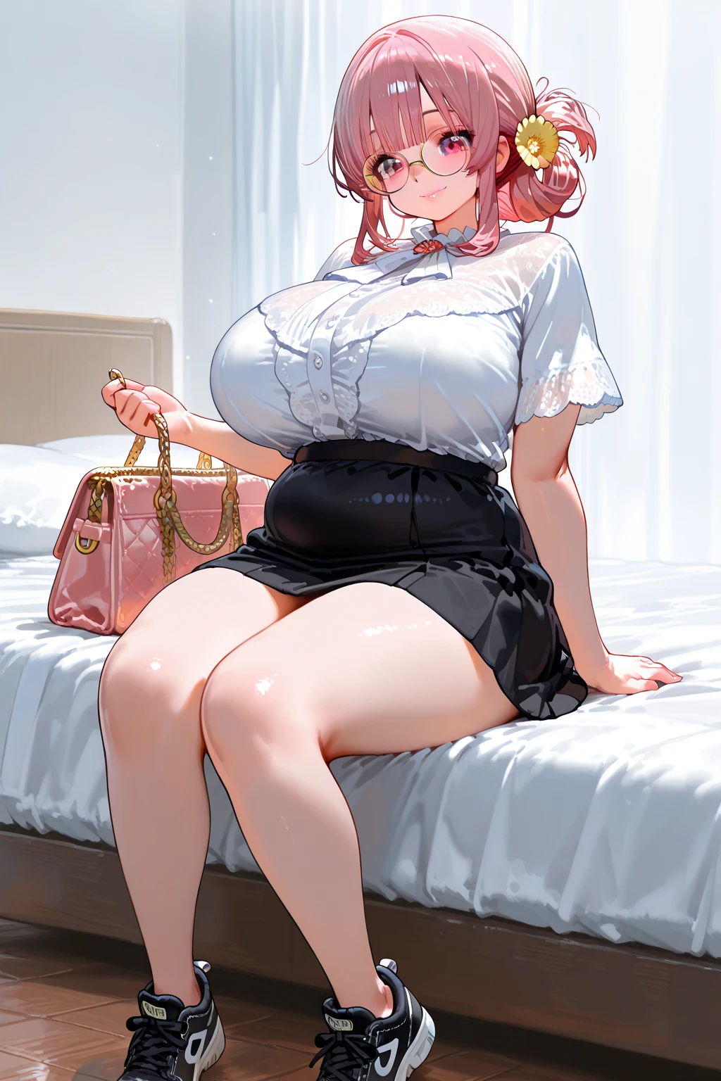 (Full body, glasses, detailed, 1girl), An image of a pregnant girl with pink hair, orange eyes, big breasts. She is wearing a light blue shirt, a black skirt and white thighhighs