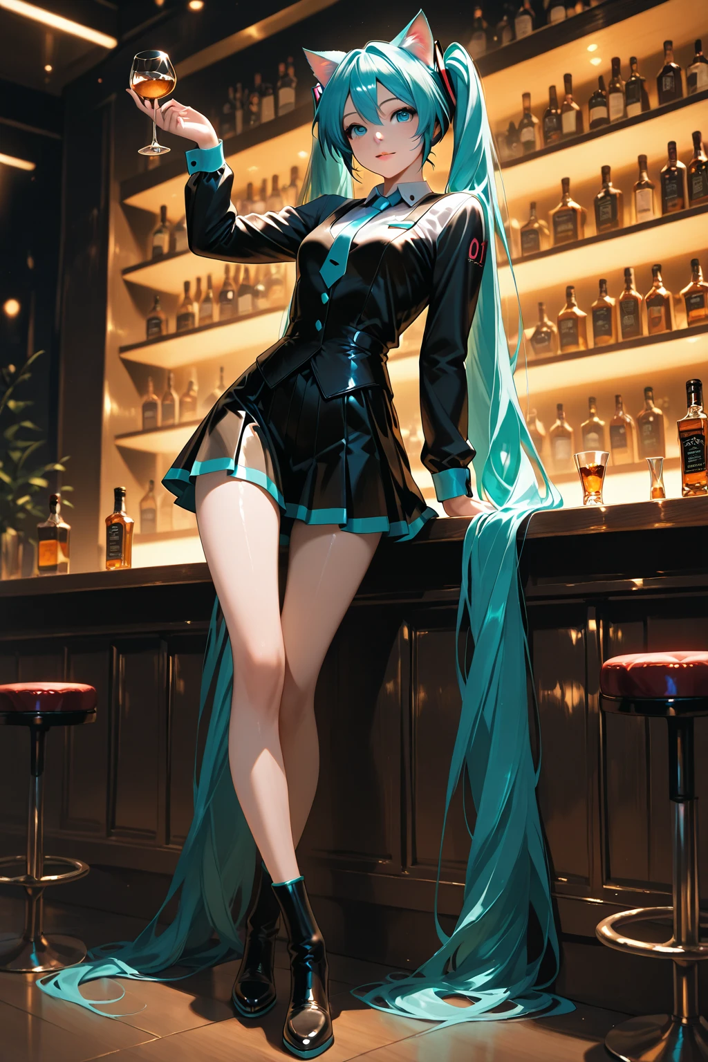 ((best quality)), ((highly detailed)), masterpiece, absurdres, (detailed eyes, deep eyes), (1girl), dynamic pose, full body, standing, <lora:hairdetailer:1>, <lora:Burnin:1>, burnin, green fire, fiery hair, green hair, multicolored hair, orange eyes, grin, open mouth, ((domino mask, eye mask)), black mask, white clothes, skirt, headphones, zettai ryouiki, belt, black thighhighs, garter straps, boots, (indoors, in a casino)