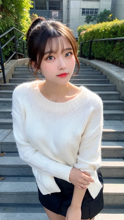 pieces fly、masterpiece、highest quality、Super detailed、High resolution、High resolution、8K portrait、unity 8k wallpaper、Detailed CG、unity 8k wallpaper、Detailed CGユニティ8kの壁紙、realistic、real person、portrait photography、shiny skin、（20-year-old:1.2）、(cute:1.2)、High resolution、beautiful clear eyes、very detailed explanation、delicate face、cute face、nice lips、thin waist、thin legs、(eight-headed body:1.6)、1 girl、(urban area:1.2)、(flat chest:1.6)、(sweater:1.5)、(flare skirt:1.3)、(big smile:1.2)、(Self snap:1.6)