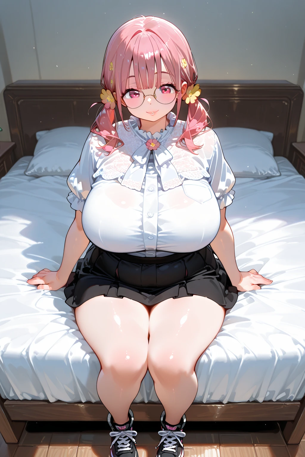 Full body girl, pregnant, huge belly, huge breasts, yellow eyes, glasses, shy, exhausted, earrings, hair ribbon, long hair, side ponytail, pink hair, tsundere, embarrassed, pout, visible belly, hands on belly, office uniform, unbuttoned shirt, very thight clothes, barefoot, sitting on a sofa, best quality