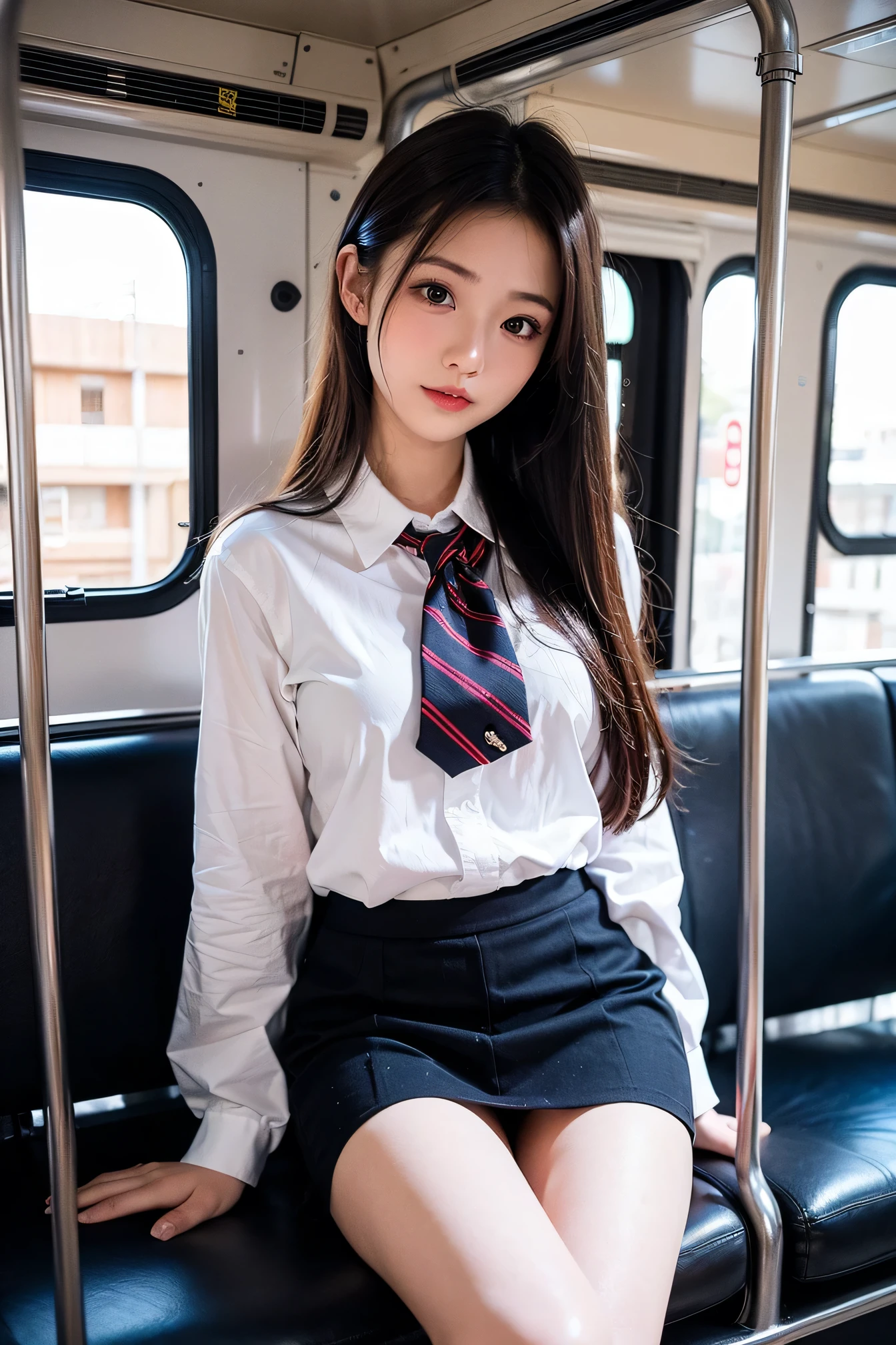 (Tabletop, Highest quality:1.2), 8K, 15-year-old student, 85mm, Official Art, RAW Photos, Absurd, White dress shirt, Pretty face, close, Upper Body, Violet, Gardenias, beautiful girl, , (Navy Pleated Skirt:1.1), Cinch waist, Thighs Thighs Thighs Thighs, Short sleeve, in the train, sit on bench seat, View your viewers, No makeup, (smile:0.4), Film Grain, chromatic aberration, Sharp focus, Face Light, Bright lighting, Teen, Detailed face, Bokeh Background, (Dark red tie:1.1)
