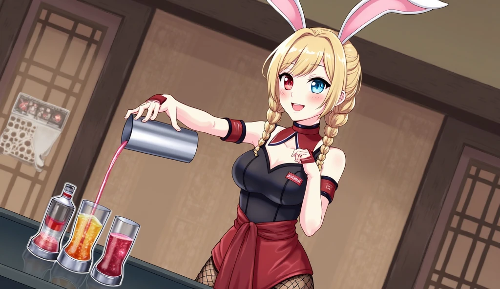 Princess connect !,((pecorine)),1girl, pantyhose, animal ears, solo, playboy bunny, rabbit ears, gloves, breasts, tray, detached collar, leotard, tail, smile, white gloves, rabbit tail, black leotard, cleavage, drinking glass, strapless leotard, strapless, medium breasts, brown pantyhose, fake animal ears, cup, wrist cuffs, looking at viewer, bare shoulders, holding, cowboy shot, highleg leotard, highleg, drink, side-tie leotard, An animated animated image of a girl with long blonde hair and brown eyes. She is wearing a black bra with a pink bow around her neck and white gloves on her hands. The girl is holding a silver plate in her right hand. The plate has a red liquid in it., red bow, red bowtie, standing, tile floor, tiles, explicit, anime artwork, anime style, key visual, vibrant, studio anime, highly detailed, masterpiece, best quality, very aesthetic, absurdres