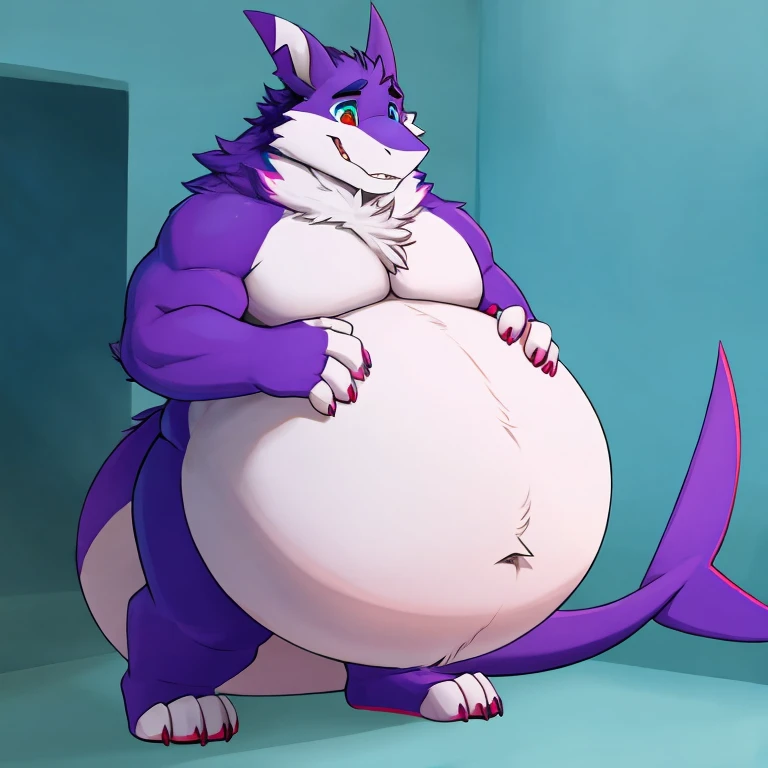 realistic, detailed e621 art, sharp, high complex quality, 4k, , anthropomorphic, biped, (female dragon:1.1), femealized, voluptuous, (nsfw), thick thighs, wide hips, huge thighs, huge hips, seductive face, looking at me, high illuminated, standing, (clothed a tight blue translucent suit:1.2), fully clothed, pantylines, sunny day, high lighting, (innie :1.3), short belly, huge vore belly