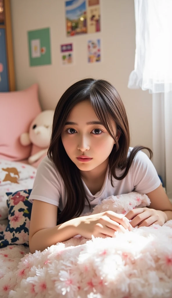 (best quality,8k,masterpiece:1.2), ultra-detailed, realistic, Japanese girl with a cute face, beautiful detailed eyes, expressive and melancholic facial expression, long eyelashes, wearing a loose T-shirt, lying face down on a modern bed, random hairstyle, in a fairytale-like room, cinematic lighting, photorealistic skin, captured with a Leica camera, vintage film vibe.cinematic, 35mm, photo --. niji 5 --ar 16:9 ---s 180