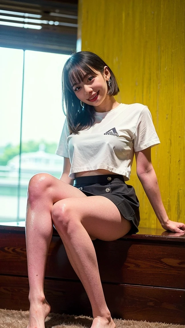 (8k, RAW Photos, highest quality, masterpiece:1.2), Super Resolution, (Realistic, Realistic Photo:1.37), whole body, 頭からつま先までwhole body, High-resolution RAW color photos, Professional photos, Very detailed, 8k wallpaper, Very detailed美少女, Very detailed顔, Very detailed目, Very detailed肌, Very detailed指, Very detailed鼻, Very detailed詳細な口 , Very detailedな脚, Perfect Anatomy, Very detailed背景, Very detailed衣服, 1 girl, (18:1.2), Age 25,  Fair skin, Oily and shiny skin , Curly Hair, (bangs:1.2), smile, Cute Face, Realistic face, Transparent T-shirt, Micro Mini Skirt, Squat with your butt facing the camera, Dynamic Lighting, Very large breasts, stockings, High heels