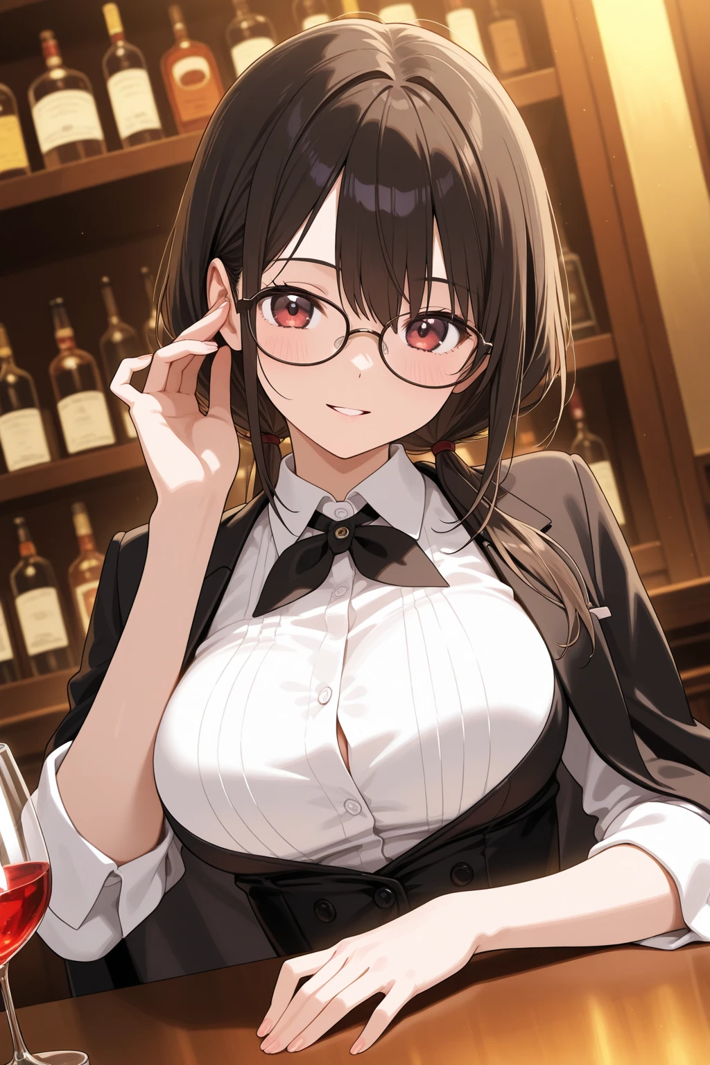 (1girl, solo, alone), (WakatsukiRisa, Sarada Uchiha, black hair, short hair, black eyes, red glasses), ((solo, (1woman, (small bust), pink lipstick, black eyes), Extremely detailed, ambient soft lighting, 4k, perfect eyes, a perfect face, perfect lighting, a 1girl)), ((fitness,, shapely body, athletic body, toned body)), ((green outfit, white panties, standing, showing her panties, lifting her dress, Bottom angle, embarrassed girl, flushed face, maid costume, ecchi, half thigh, stocking -pants, red tie, showing shoulders, high collar, sleeveless)), ((on top on the table, counter, bar, saloon, bottle of drinks))