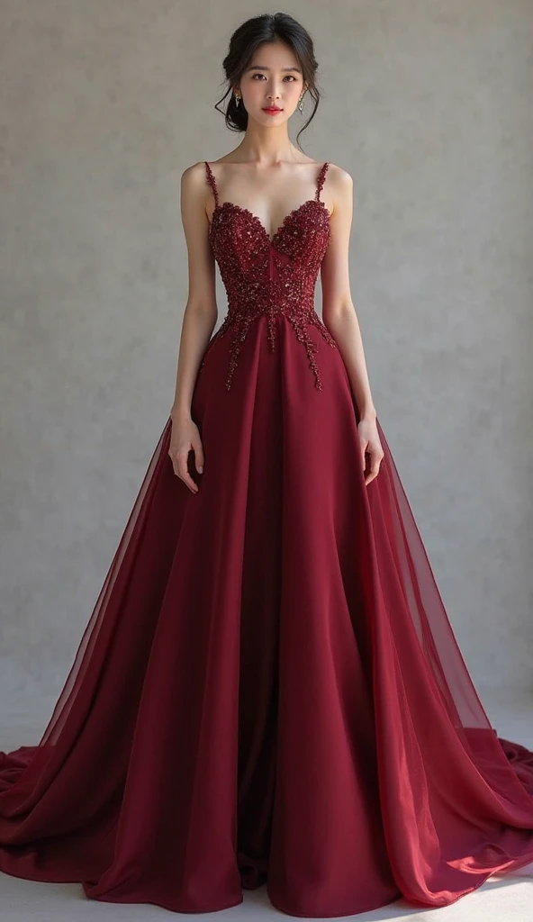 “off the shoulder floor length evening dress, Gradient color from black to a beautiful Christmas red, and black stiletto heels,”
