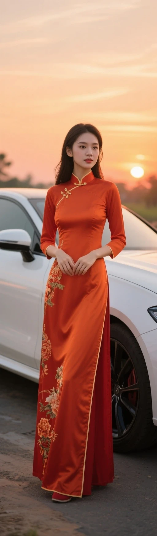 a beautiful girl in vintage yellow colors aodai tradition viet nam, city nigth, masterpiece, best quality, realistic:1.3, street, cyberpunk, sunlight, backlighting, artstation, intricate details, vignette, city night, antique car, Hoi An