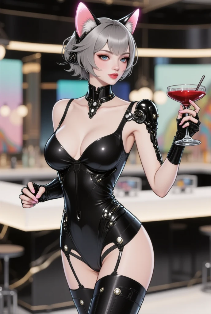 Portrait of Abigail: Attractive woman with short black hair, sitting at the bar in a nightclub. Wearing a black leather suit、This masterpiece is of the highest quality, Very detailed, Best for 8k HDR wallpapers. Featuring cinematic lighting with sharp focus and exquisite detail.Sexy proportions、Tight waist、Silver Hair、Beautiful nape、Perfect figure
