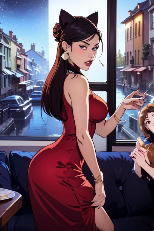 there is a woman taking a picture of herself in a mirror,brown hair very sexy outfit, full body length shot, full body in view, sexy outfit, 👁🌹👾, mid body shot, shot from the side, full length shot,two piece dress,golden top,golden mini skirt,naval, bellybutton piercing,slutty pose,pornstar,lewd pose, sticking out tongue