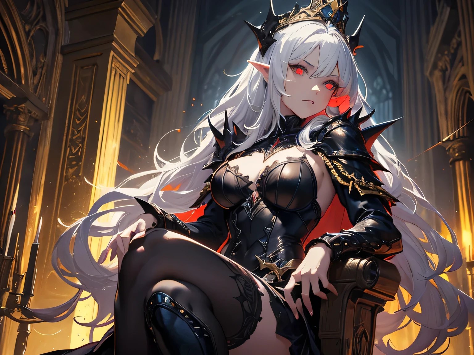 score_9, score_8_up, score_7_up, score_6_up, score_5_up, score_4_up, source_anime, 1girl, (pale skin:0.8), white hair, (long hair, straight hair), purple eyes, horns, demon horns, black hood, (ornate armor), strapless, cleavage, midriff, zettai ryouiki, curvy, huge breasts, wide hips, greaves, sitting, spread legs, dishwasher1910

