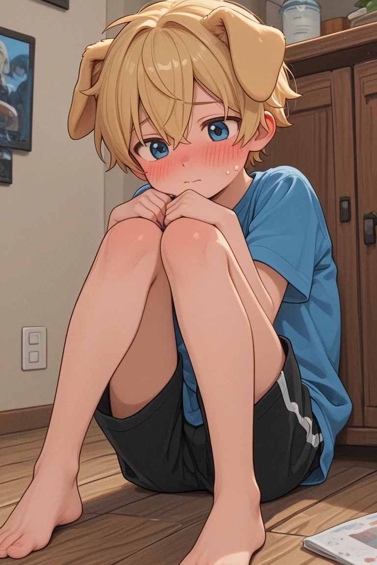 blue pupils, light hairy body, light furry tail, boy cat,beautiful wallpaper,Very cute,light hair,P station popular styles,A character with light and cute plush legs,formal style,blush blush,Tight sportswear and loose shorts,Mocking laughter,There is a lot of sweat on the body,The background is a love hotel,barefoot,foot,meat pad,Foot control,meat pad,foot部特写,3D feeling is very strong