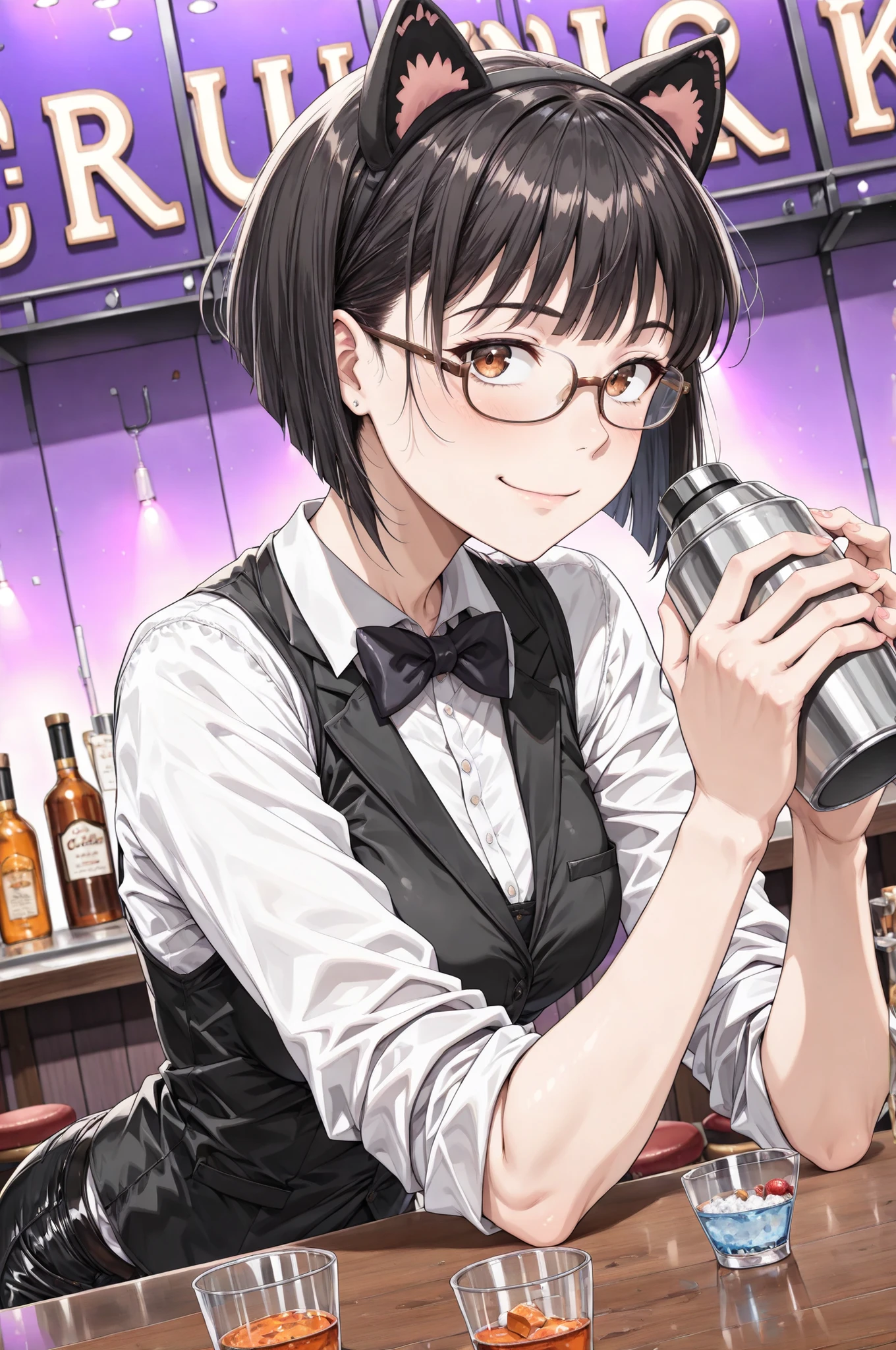(newest, clear composition, masterwork, masterpiece, best quality, hyper-detailed, 8k uhd:1.4), anime style , 1girl,black hair,Pixie Bob with Shaved Nape ,bangs ,auburn eyes ,red under-rimmed glasses,cat ears headband, bad smile face,bartender, bartending, white shirt, bowtie, black vest, holding,pants, hands up, dutch angle, cocktail shaker,(face focus), BREAK, indoors, nightclub, bar, neon lights, purple lighting, volumetric lighting