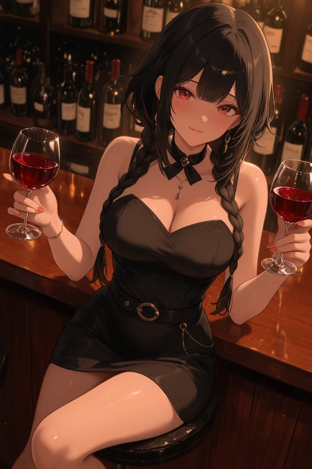 Girl、smile、Bunny girl、Bunny ears headband、Fishnet tights、Long Black Hair、sexy、bar counter、Colourful wine bottles