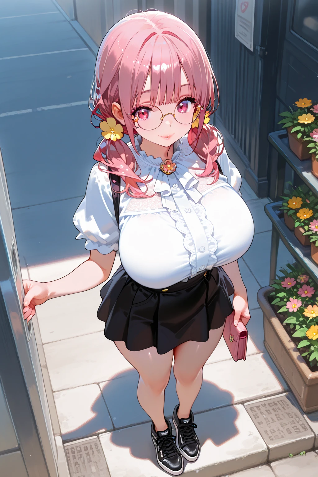 tmasterpiece、Need、1 female student、White cloth bun bun bun、Shoulder leakage、The chest is large、chubbiness、ssmile、Black suspender tights、lace leggings、pale pink lip、posing at school，（drenched all over the body），legs are open， 独奏, looking at viewert,  (Thigh thick:1.0),Yazawa Nico,red eyes, face flushed,Blunt hair,Flower headdress，Carrying a school bag，saluting，Sleeveless shirt，Nipples visible through the gown、short hair