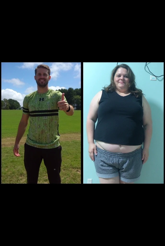 Create a blog post image of a fatty man who learned how he loses his belly fat from a fitness expert girl in the gym