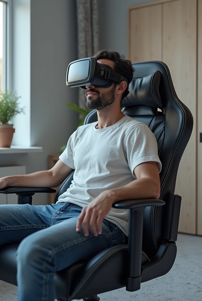 View of a male user undergoing a mindfulness session in VR, looks calm and focused.