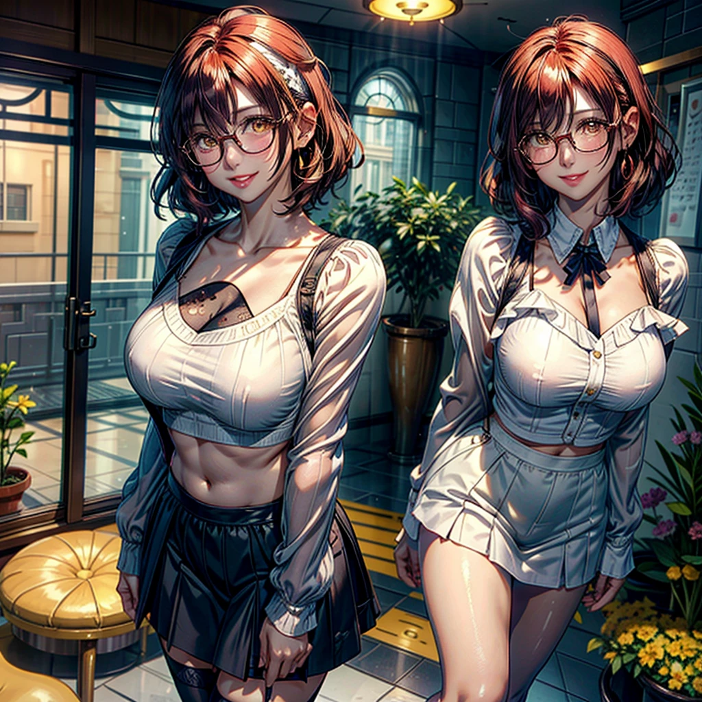 (8k，Super details，best masterpiece，nature，Perfect work of art，perfect female figure)，two women，sister and sister，sisters，Rainbow hair，perfect face，(huge)，Neighbor&#39;s Wife，woman hairstyle，elegant wife，mature and exposed，20 years old，fair skin，messy hair，Perfect sexy body，Wear a fitted and sexy tunic dress，Red lace white bottom strapless short dress，Hot and sexy secretary，wear glasses，Standing in the detailed bathroom，A lot of water was poured on，The whole body is soaked，Want to take off clothes，But happy，Smile，Detail background，necklace，perfect eyes，， T-shaped small size，huge的山雀