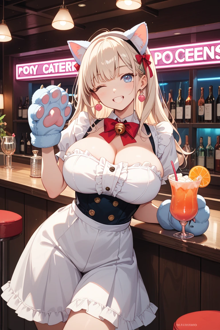 Anime illustration、cyber punk、highest quality、Girls Bar、Flirt with a man、Bunny girl、Perfect proportions、overwhelmingly big breasts、Very thick legs、Beautiful, shining eyes、Blushed、smile、Cowboy Shot