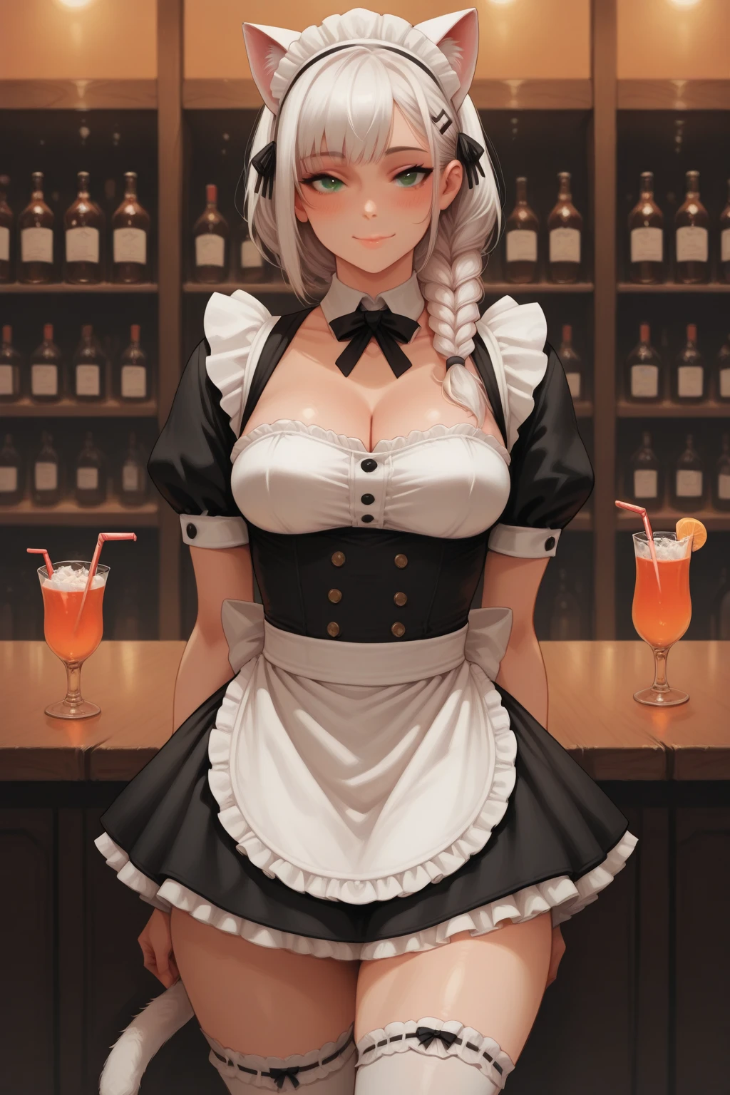 (Highest quality, masterpiece), (Ultra-high resolution, 8K RAW Photos, Photorealistic:1.5, Cinema Lighting, Fabric Shading, Thin contours, Clear focus:1.2), Beautiful mature woman making tea_Garden party, Standing by the round table, Serve tea, Leaning forward, (Meisen tea set, you can, Tea cup, Some cakes on a plate), Delicate and elegant French style white table with gold accents and royal_green, (茶色のMaid clothesを着ている:1.5, (Cleavage:1.5), Maid clothes:1.2, Long Flared Skirt, apron, Bow tie on chest), Tall Sally, Long legs, Gray Hair, (Wearing thin glasses:1.2), (Mature Woman:1.5, 28 years old, alone), (Large Breasts:1.9), (Saggy breasts:1.9), big , Tight waist), (medium short Gray Hair, Hair on one eye, (Updo:1.2), Side Lock, Asymmetrical Hair, Wavy Hair), (thin and bright pupils, Highlighted, detailed eyes:1.3, A face with attention to detail, perfect face shape, Bloodshot eyes), (A seductive smile, Half-close your eyes:1.2), (Looking at the audience:1.3), (Dutch Angle, whole body:0.7, From below:1.2), ((Correct Anatomy:1.5, The right move)), (Ideal body proportions), (Outdoor:1.2, grassland),