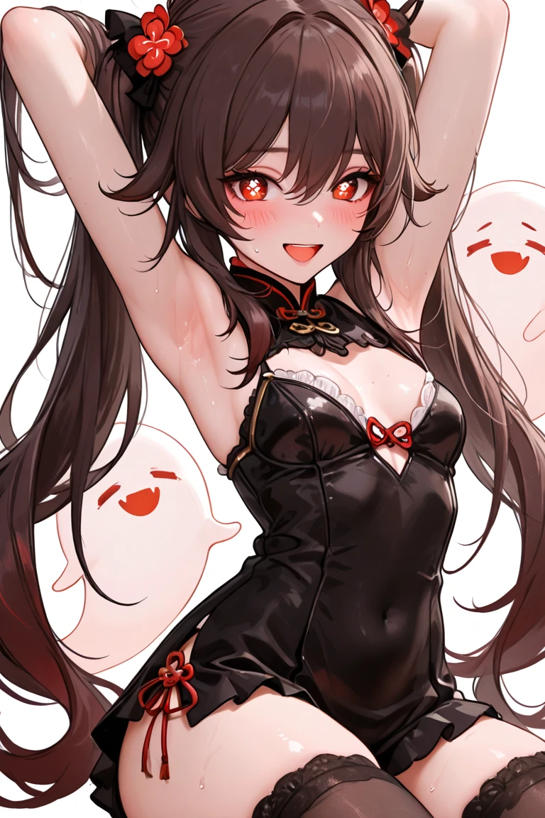 High quality illustrations。A seductive adult woman。With defined eyeliner。Her skin is flesh-colored、She has black hair。Her hairstyle is twin tails with vertical roll curls on each side.。Red eyes。She is wearing a black cheongsam。Have big breasts、She has good style、Blushing and looking happy。straddling a man。Holding a used condom in one hand.。It has a slit in the chest area.。The front is hidden like a curtain。All ages