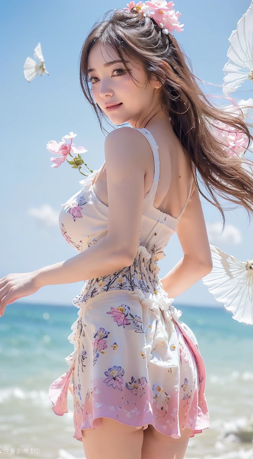 1girl,love live!,love live! sunshine!!,hazuki ren,tareme,yellow eyes,black hair,ponytail,white ribbon,medium breasts, ousaka shizuku,love live! nijigasaki high school idol club,1girl,blue eyes,brown hair,long hair,ponytail,hair between eyes,red bow,bow,small breasts,medium breasts, 3d.solo, 3d.solo, 3d.solo, whole body, looking at viewers, focus on eyes, posing, beautiful detailed fullbody, Perfect female body, woman, 20 years old, lowing long hair, bob haircut, Air bangs, hairs between eyes, hair over shoulder, hair intakes, detailed black hair, floating hair, Beautiful face, light smile, furrowed brow, complex details beautiful and delicate eyes, Slightly open mouth, beautiful and detailed claw, medium chest circumference, Bare navel, white thighhighs, black eyes, white skin, big top sleeves, yellow hairpin, earrings, gold gorgeous necklace, white clock, sleeveless dress, dhalter dress, translucent pink skirt, high heels, overexposure, bustier, white legwear, floral print cloth, pink Clothes, beautiful blue sky and white clouds, city, Clear and turquoise sky, vary blue and red and orange and pink hard light, noon, wallpaper 8k CG, wallpaper 8k CG, wallpaper 8k CG,