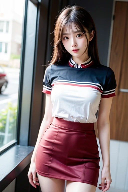 The beauty of 8K raw photos:2.0, Japanese woman, short hair, beautiful face and dark eyes, looking down, looking at the viewer:1.5, big smile, wet hair, tiny top, (mini skirt and red shirts:1.2), shinny skin, open wide legs, realistic:1.9, very detailed, full body shot:1.2, High resolution RAW color photos, professional photos, Taken at the museum of art, girl sexy portrait