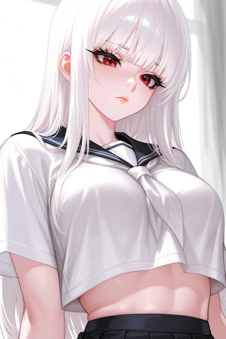 masterpiece,best quality,highres,illustration,hyper detailed,8k cg wallpaper,ray tracing,((white hair:1.3)),((long hair:1.2)),((red eyes, eyes:1.2)),((straight hair:1.3)),big breasts,(hiten1:0.8),<lora:add_detail:1>,((IncrsPhone:1.2)),<lora:StevechopzPhone:0.8>,sailor collar,white shirt,pleated skirt,short sleeves,