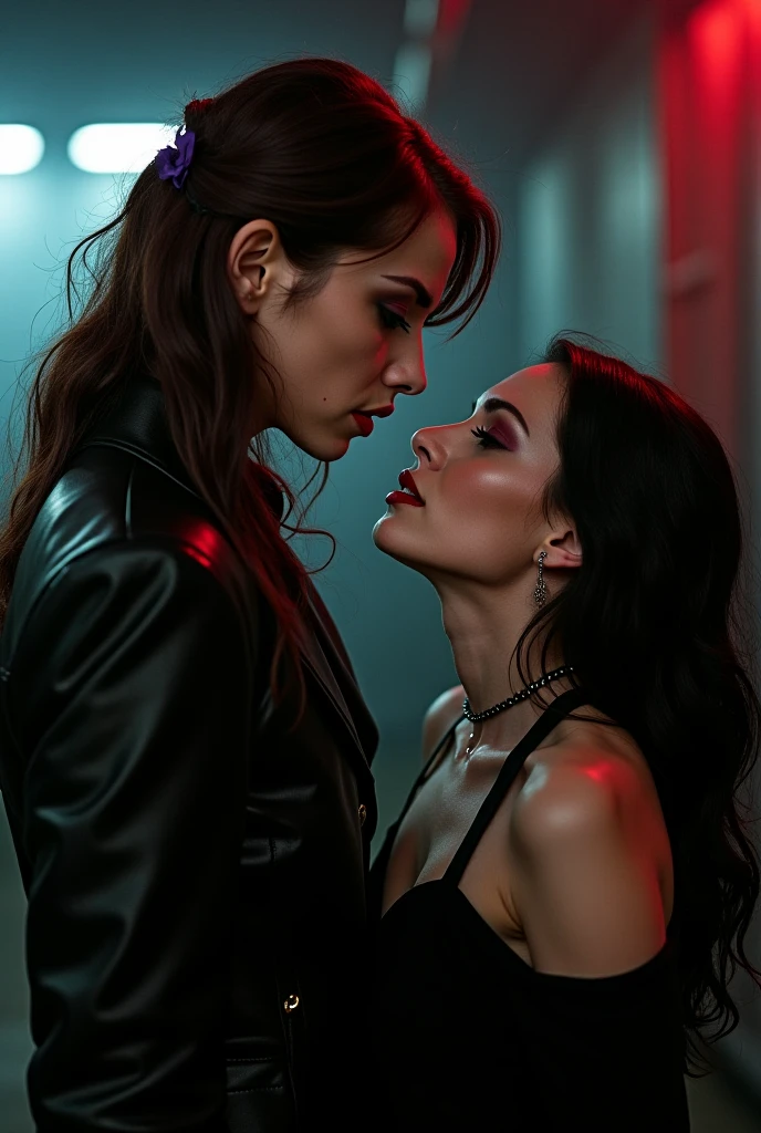Couple kissing. Kate Beckinsale and Johnny Depp (with incredibly intricate, ultra-detailed, CG, 8k wallpaper-like, long black hair), (masterpiece), (realistic), (photorealistic: 1.2), (raw photo: 1.2), (best quality: 1.2), (detailed face: 1.4), (beautifully detailed eyes: 1.2), (elaborate hair), face illuminated by light, enormous file size, dramatic cinematic lighting. rays of light emanating from her hands, strong and striking expression. She has fair skin, very smooth and fine, extremely long black hair. She is wearing an attractive futuristic black and red vinyl jumpsuit, cyber-punk style. Rave, eletronic music, music, city lights, fireworks. --auto --s2