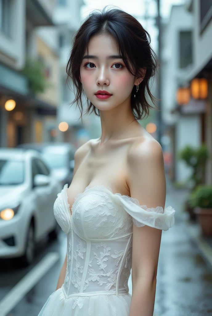 (beste-Qualit、8K、masterpiece)、(The best illustrations)、extremely delicate and beautiful、Unity、Amazingly fine detail、Super-High Resolution、extra detailed face、Superbly detailed eyes、(Best Shadows:1.1)、(photo realistic1.3)、Realistic facial proportions、a handsome female、独奏、(large breasts:1.5)、Slimed、smiling at the viewer、(Sheer shirt:1.4)、(Tulle tops:1.2)、(makeups:0.4)、Dark brown hair、bobhair、(irregular skin imperfections、vein、Wrinkled pores on the skin:1.1)、(bokeh dof:1.4)、cowboy shot、a park