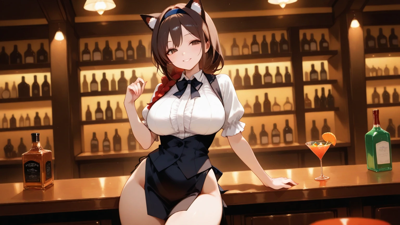 (solo), (1 skinny girl), Agnes Tachyon, uma-musume, brown short hair, brown tail, BREAK, (skinny), short torso, (very skinny legs:1.3), (large breasts), skinny small hip, skinny thighs, BREAK, (unbuttoned black collared shirts:1.2), cleavage, tight-fit pencil skirt, BREAK, forced smile, orgasm, (nsfw:0.6), pussy juice