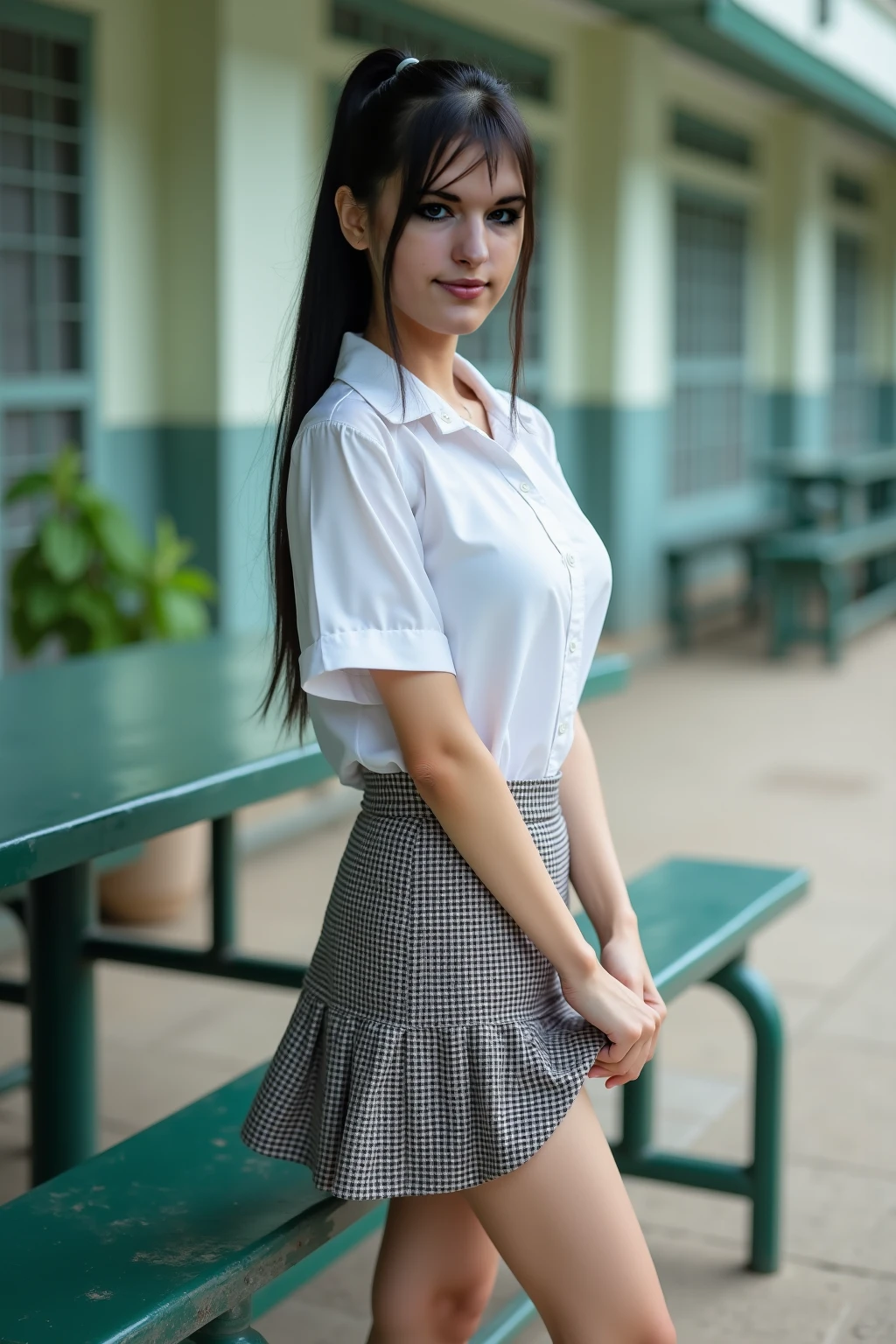 1girl, (school uniform), black hair, detailed face, detailed eyes, huge breasts, looking at the audience, (happy), (8k, RAW photo, best quality, masterpiece: 1.2), (realistic, realistic: 1.37), ultra-high resolution