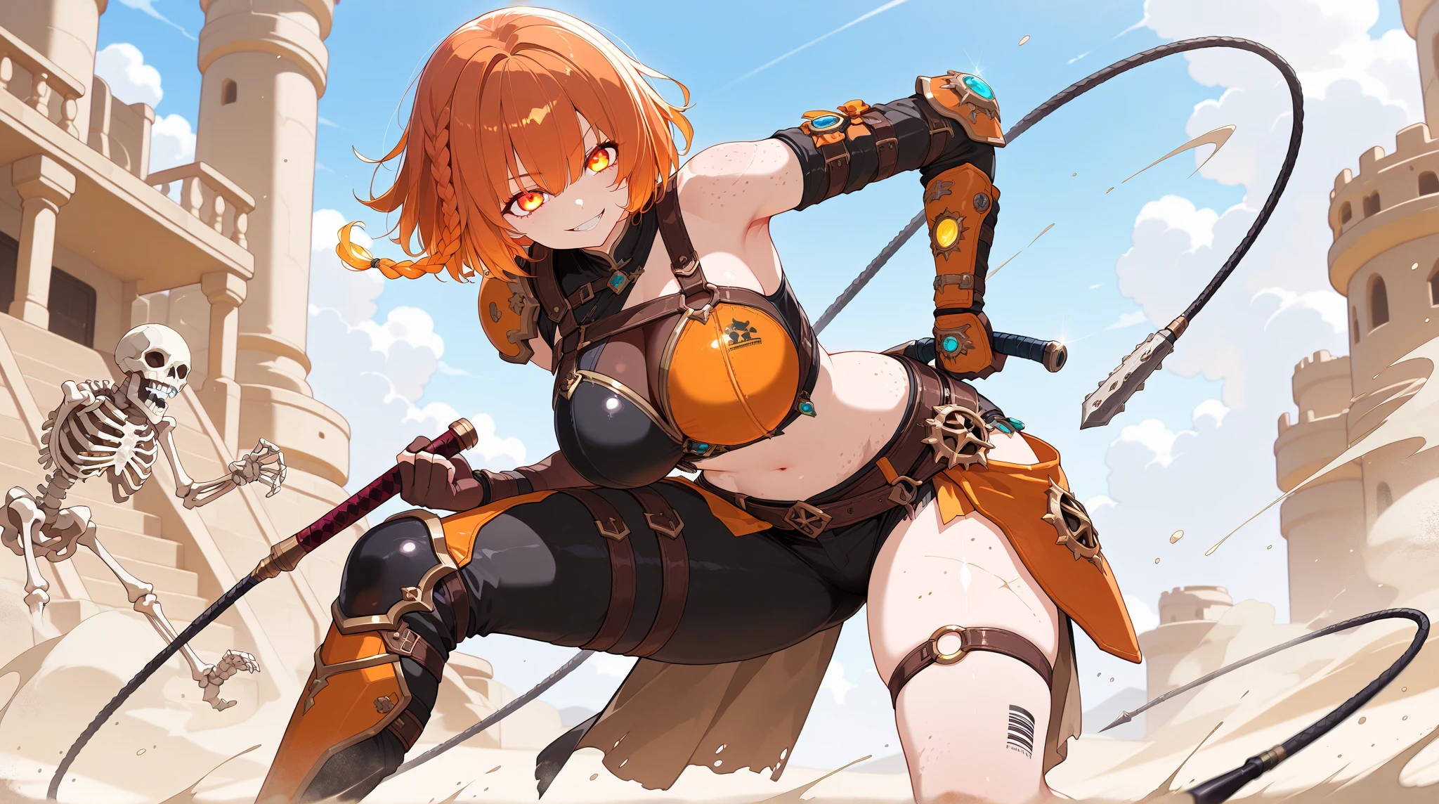 fantasy, orange bikini armor, short blonde hair, brawler, bare shoulders