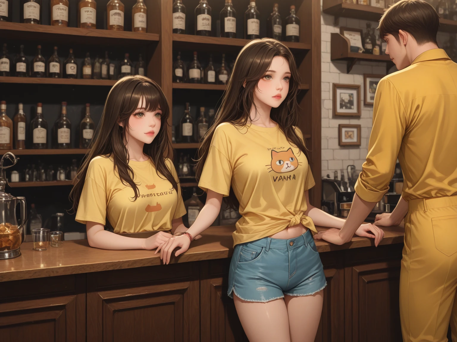 Realistic , photorealistic , masterpiece , best quality , super quality , ((ultra detailed)), extremely detailed , highers , Raw Photo , 16k portrait , curvy , restaurant , full body , brown hair , ultrahappy , (supershine) , Wet clothes , Side angle , (Facing each other in groups) , Sitting