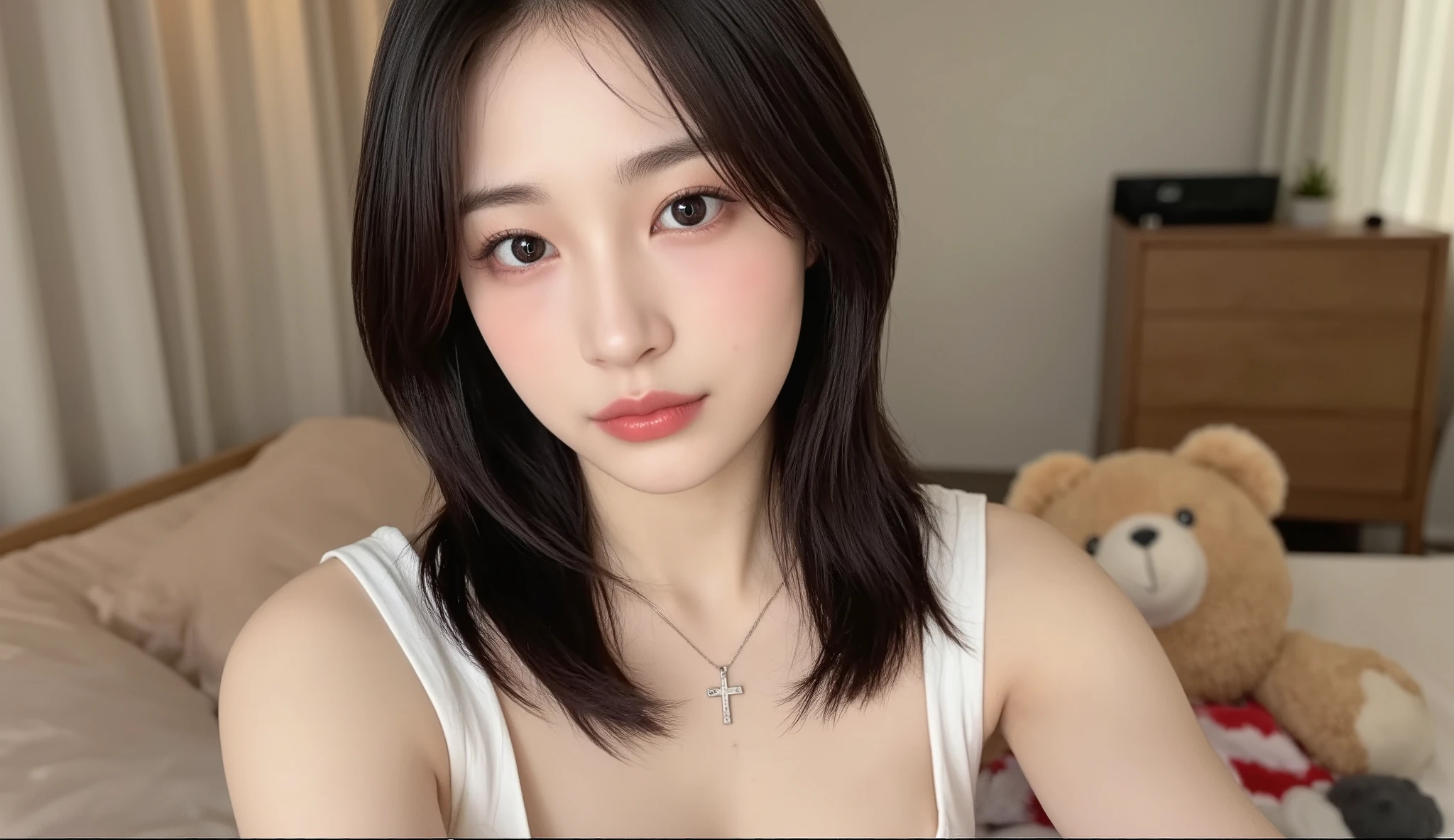 a hyper-realistic selfie of a stunningly beautiful Korean female idol, soft diffused natural light in a cozy bedroom, perfect skin texture with visible light pores and a natural glow, deep expressive eyes with bright catchlights, natural glossy pink lips, long silky black hair slightly tousled, wearing minimal natural-toned makeup, a silver cross necklace, subtle cleavage visible, candid and serene expression, captured with an iPhone 14 Pro, slight head tilt, warm and intimate color tones, shallow depth of field, high realism, 8k cinematic portrait style, emotionally elegant atmosphere, soft bed and plush toys in the blurred background