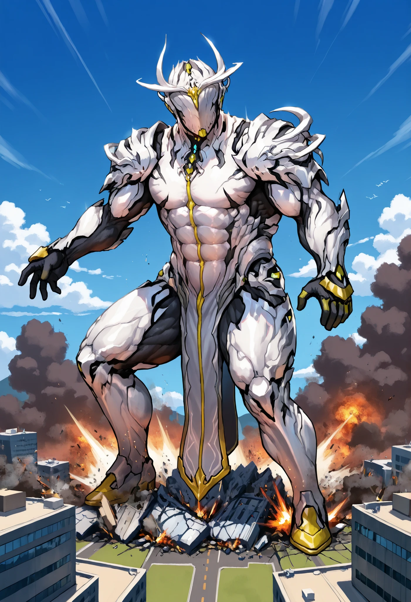 Body and coat: His body is robust and powerful, with mostly white fur. It has several metal plates that cover its body..., especially on his extremities and head.
head and face: Solgaleo'The head has a metal structure that resembles a crown or helmet.. In the center of his forehead there is a golden star-shaped symbol.... His eyes are large and deep blue..., with vertical pupils. The mouth shows prominent and sharp fangs..
me: Her hair is impressive and white with golden tips.... The mane extends outwards and back., giving you a radiant sunshine appearance. between the mane, You can see some light blue strands..
extremities: His legs are strong and muscular.., with sharp claws. The front legs have golden plates that partially cover them.., while the rear ones have blue details.
cola: Solgaleo'The tail is long and robust., with a golden end that resembles a flash of light.
metal details: all over your body, especially on his chest and legs, It has metal plates that reinforce its futuristic warrior appearance..
colors: White colors predominate, gold and light blue in its design, con metal details que brillan bajo la luz. Explicitly masturbating his gigantic erect cock
