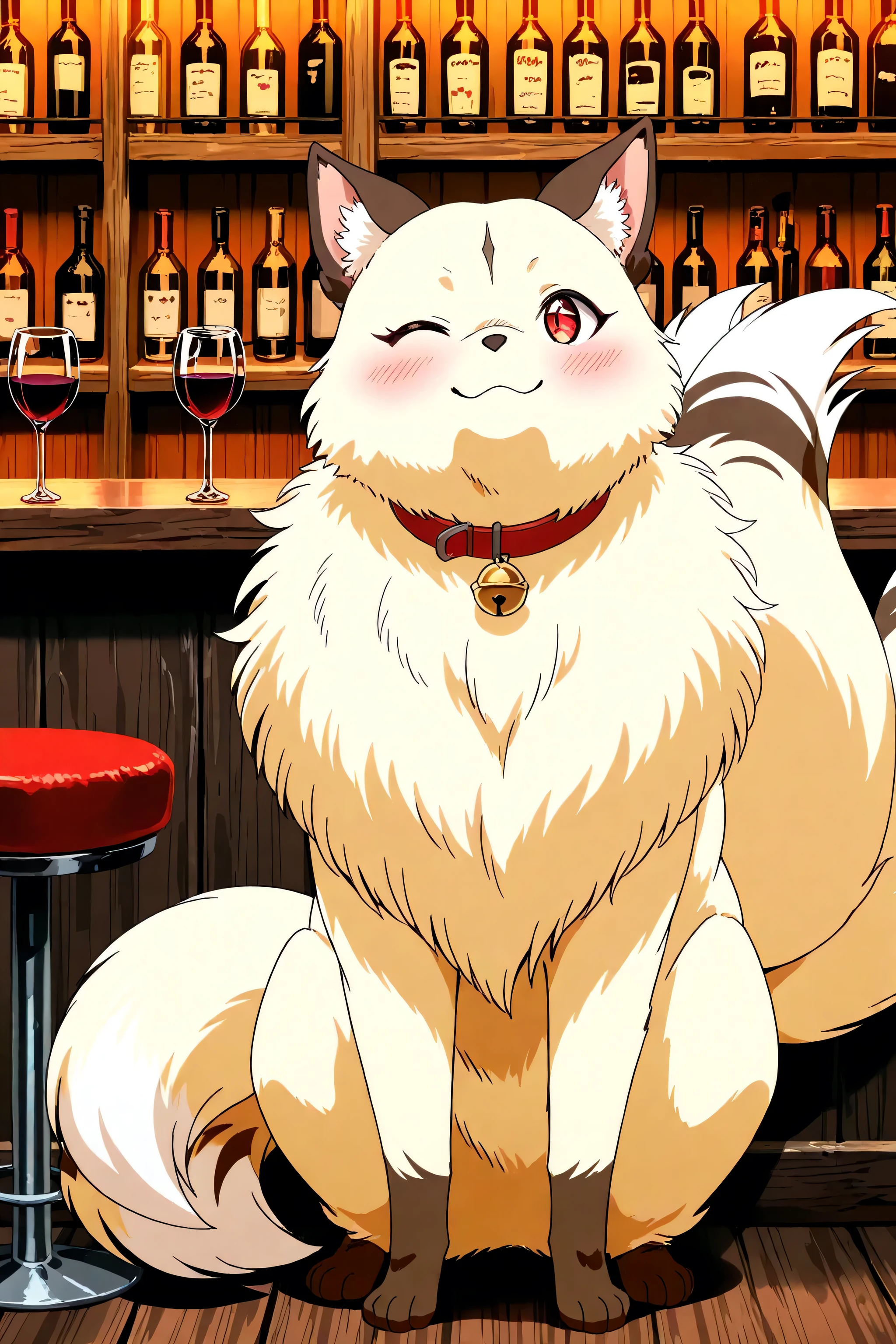 The fluffy fur feral four legs non humanlike,no human transform kirara wearing bell collar and with many tails and drinking wine at the bar with wink eye,,full body