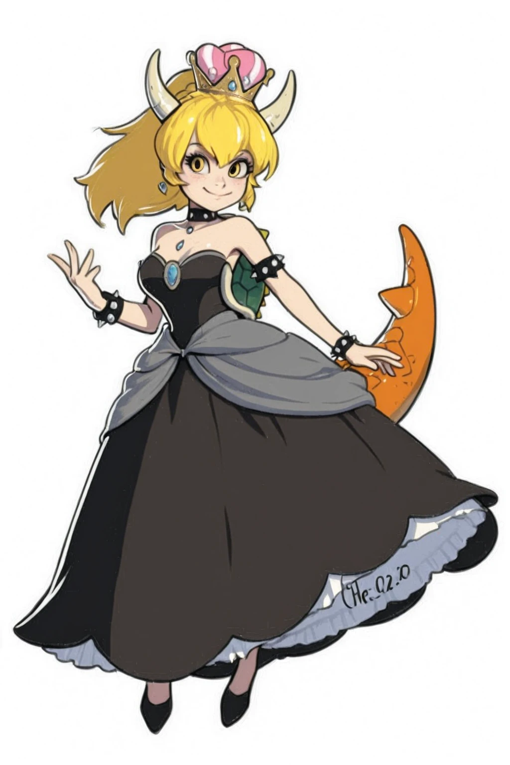 1 girl, Bowsette, black dress, large breasts, full body