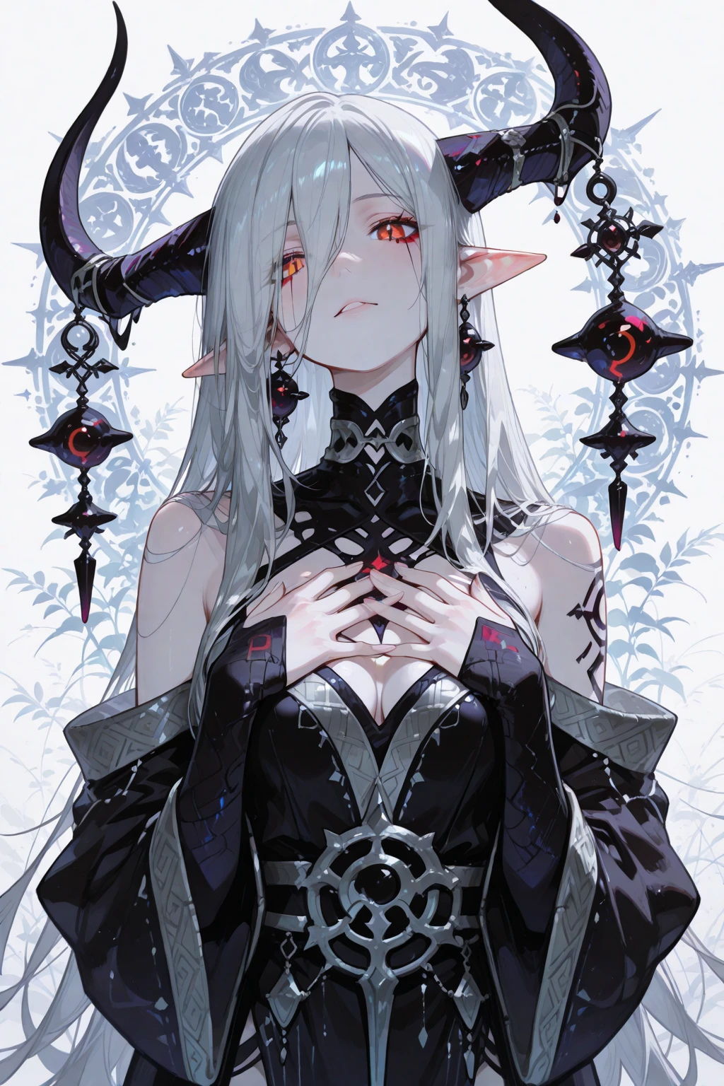 ((masterpiece, best quality)), official art, unity 8k wallpaper, ultra detailed, Amazing dark elf, Dark Angel, mystical aura, ((Obsidian black wings)), flowinggown, deep Purple, Motifs inspired by the occult, ((Crown of thorns)), Poisonous nightshade,  balls of fire, Dynamic pose, Darkness shrouded, High detail resolution, eerie moonlight, Mystic energy, Mysterious rituals, Dark atmosphere, r1ge, Crazy nothingness, Glowing eyes, Multiple eyes, Horror (Theme), BREAK, highly detailed of (dark elf), (1girl), solo, perfect face, details eye, ponytail, Blunt bangs, (hair between eye), white hair, violet eyes, fantasy art by Artgerm, by Kawacy, by Wadim kashin,BREAK, eyelashes, eyeshadow, pink eyeshadow, (dark skin:1.2), glaring, Mysterious smile, medium breast, BREAK, extremely detailed, dynamic angle, (( moonlight)), Mystic energy, Mysterious rituals, ((Dark atmosphere)),