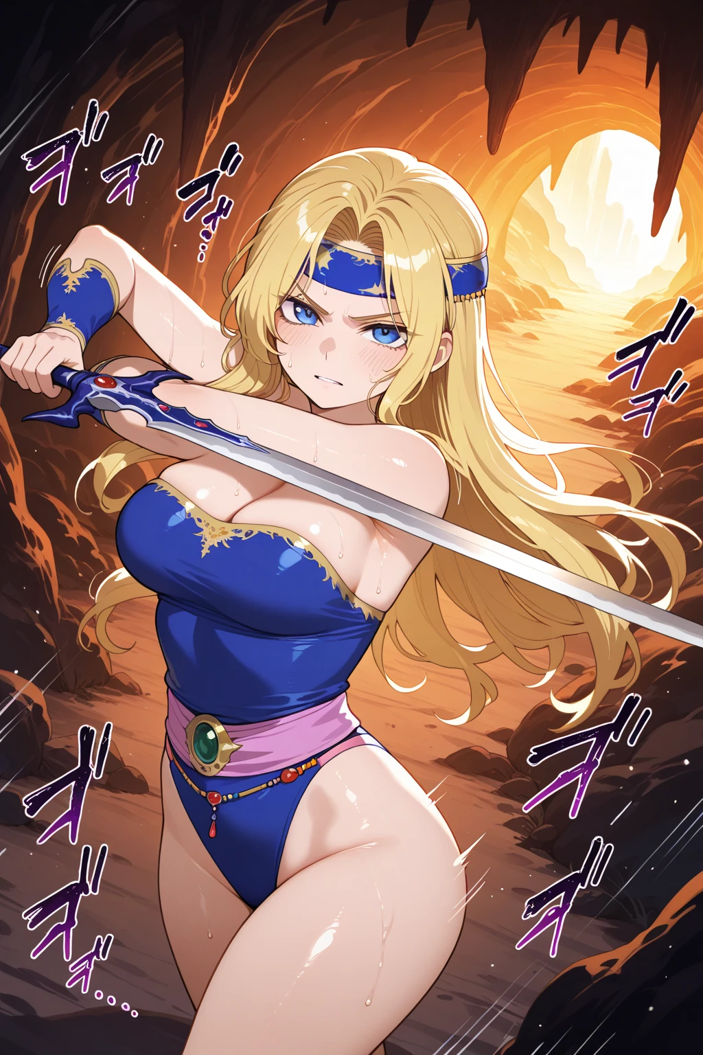 Full body portrait, (cave), (Perfect Anatomy), \(Amazoness, barbarian woman, Golden wavy hair, blue eyes, Perfect Eyes, 彼女の体型は非常にMuscularで豊満だ, Huge big breasts, Heavy chest, Abdominal musclesが割れている, Micro Bikini:1.2, 大きなAbdominal muscles, Detailed skin texture, Super-detailed body: 1.1, Highly detailed skin: 1.2, Muscular, Muscular biceps, Abdominal muscles: 1.2, axe:1.3, Fighting goblins\), Artwork, 8k, CG , Cinematic, High resolution, masterpiece, Highest quality