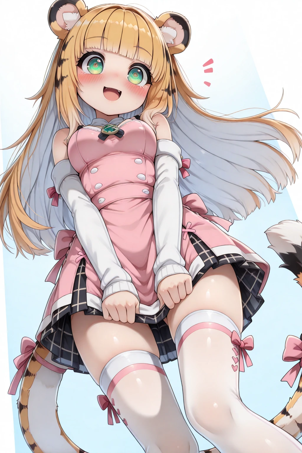 masterpiece, best quality, highres, aaillya, long hair, two side up, hair ornament, small breasts, magical girl, cape, yellow ascot, pink dress, sleeveless, detached sleeves, white gloves, white skirt, pink thighhighs, <lora:illyasviel_von_einzbern_(fate_kaleid_liner)_v1:0.7>, upset, open mouth, covered nipples, pussy, miniskirt, no panties, pubic hair,