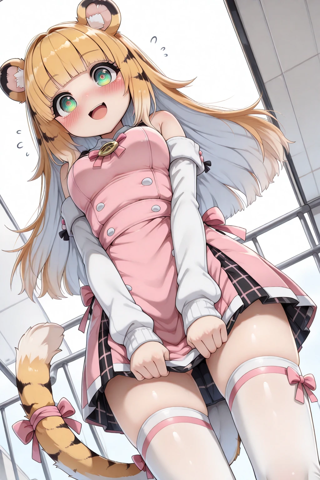 1girl, solo, multiple colored hairs, maid, black cat tail, smile, black thighhigh, leaning forward, leg up outside, charm posing, paw stamps background, ((cameltoe)), upskirt, view from behind, skimpy latex panties,