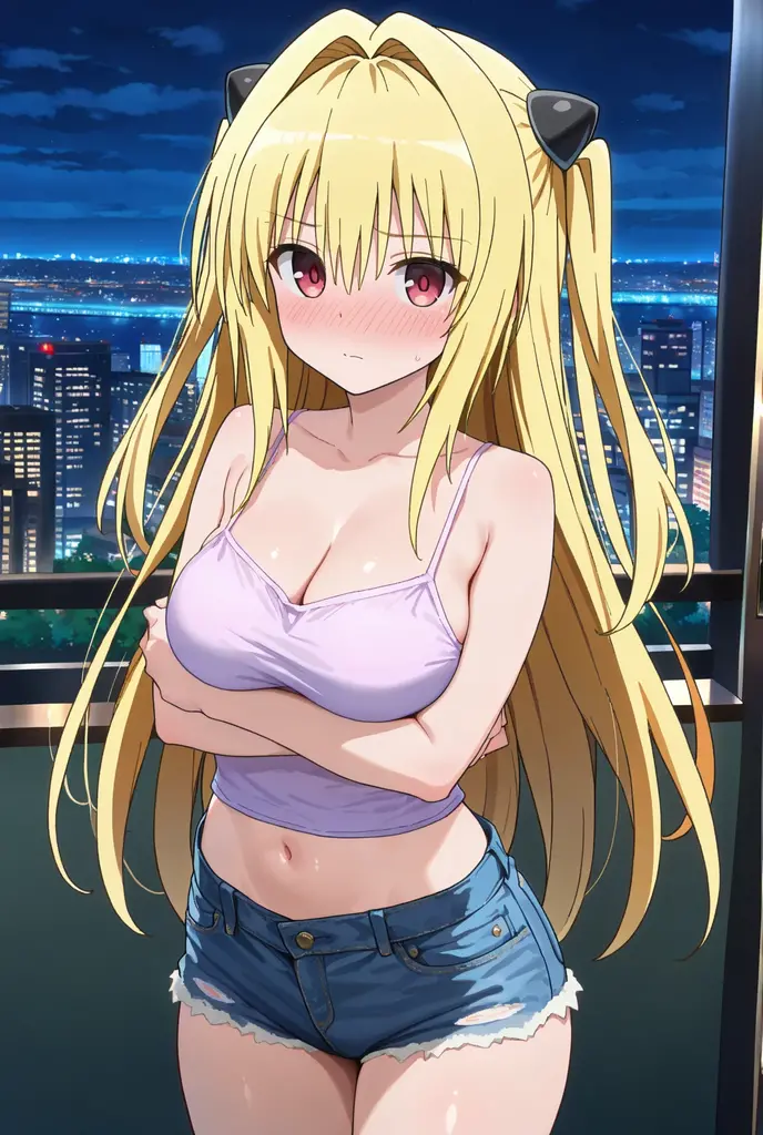 (masterpiece:1.37), best quality, (extremely detailed:1.37), woman, mature, adult, large breasts, very long hair, (straight hair:1.5), blonde hair, blue eyes, (extremely detailed eyes:1.37), crop top, cleavage, navel, jeans, open fly, (groin:1.25), desperation, (wetting: self 3.0), standing, city, futuristic, neon lighting, high-tech, street