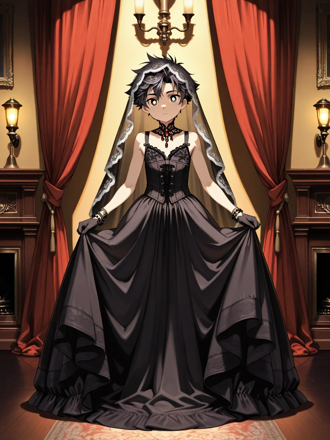 An anime character: Black woman with dark eyes. Her short, black hair. He wears a white wedding dress with a large neckline. Ao fundo, a dark medieval setting with an atmosphere of mystery and intensity.