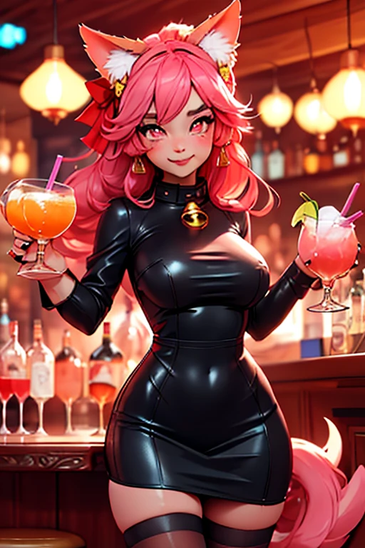 Mereoleona Vermillion, Women, Orange hair, big breasts, orange sexy bunny costume, alone, asking for a kiss, Red lips, orange eyeliner, artificial nails, expensive jewelry, very beautiful, martini, neon background bar