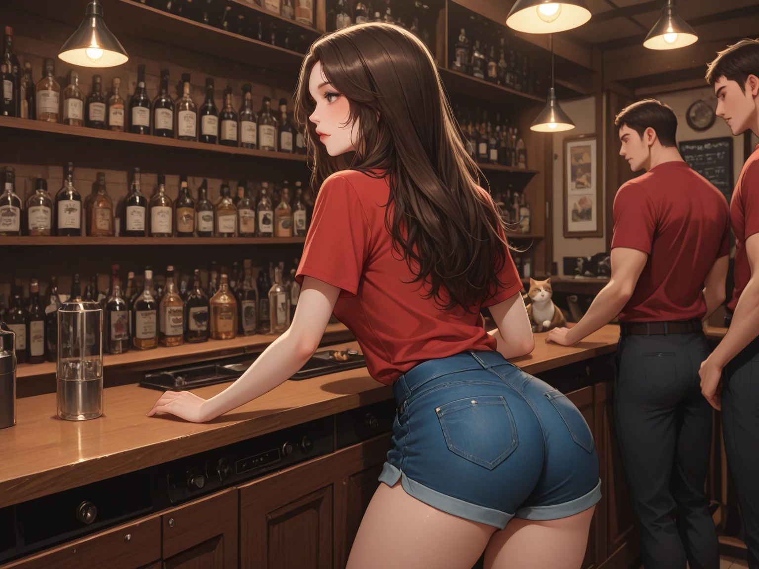 1girl, very slutty woman, slutty woman, black sweater, exposed thong, dark brown hair, full body, rimless glasses, light freckles, big thicc ass, thin, thin,, sitting at a bar, low jeans, exposed bubble butt, sitting on bar stool, arched back, lusty expression, ((_butt_)), exposed thong, g_string, thong showing, low rise jeans, jeans, exposed cheeks
