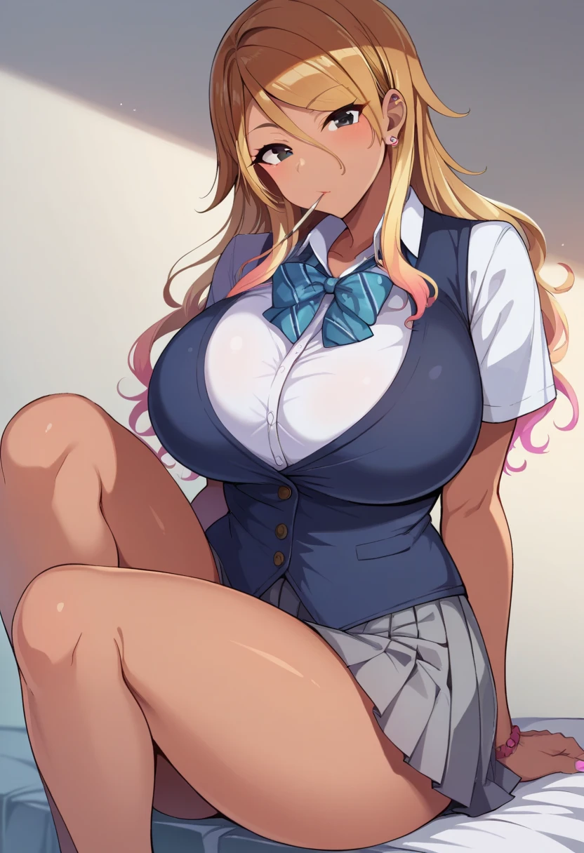 blush, smileglowing aura, natural light, masterpiece, glossy skin, juicy lips , ,sexy, hot, , cleavage, evil,juicy lips, bimbo, hour glass, blonde hair, wide eyes, green eyes, massive , dark lighting, long hair, pink bow, platform shoes, bow in hair, golden round glasses, sandy blonde hair, ((cropped shirt)), big , smile, pony tail, collared shirt