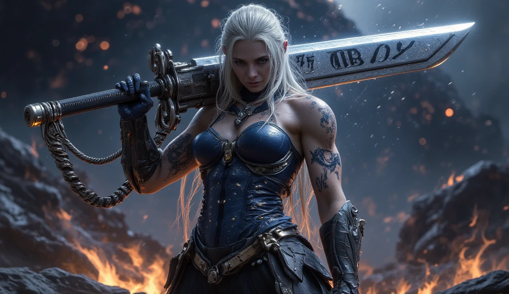 Slavic warrior with blue eyes, white hair, one hundred and sixty-one centimeters tall, eighty-three centimeters of bust, seventy-four centimeters of waist and one hundred two centimeters of hips, dressed in black and with a sword, in the background a destroyed battlefield night with storms and thunder lightning, scene cinematic angles cinematic 8k resolution.