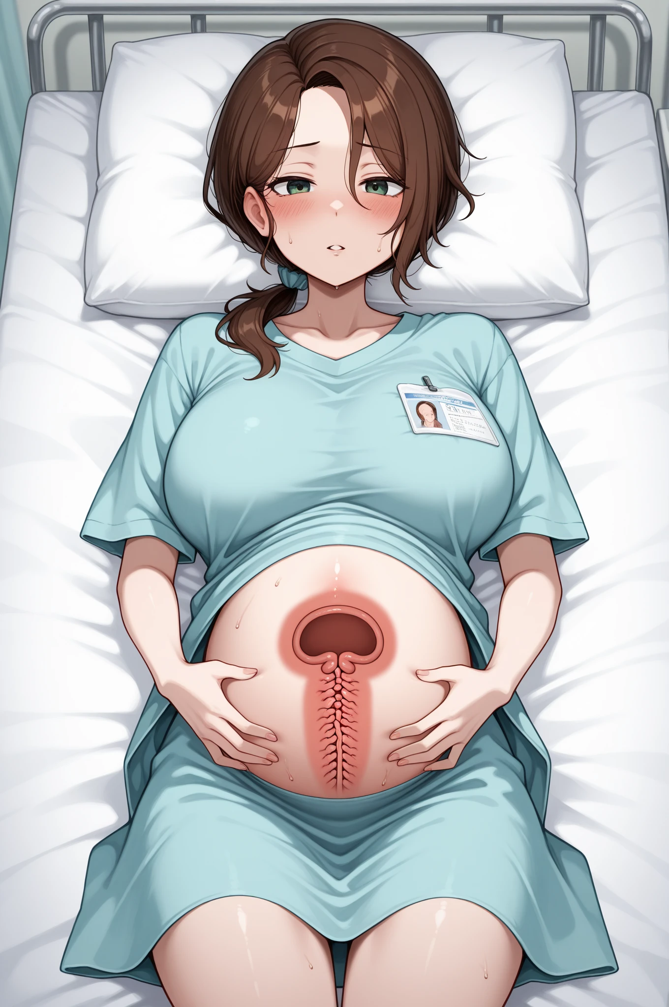 (give a score of 9_give a score of 8_give a score of 7)
masterpiece, highest quality, best quality, view from top down,
1 women, solo, in one hospital, in the operating room, a pregnant woman, about 10 months pregnant, a pregnant woman has a radiant, wrinkle free stomach, she had a look of pain and suffering on her face, frown, surgical cap, lying on the operating bed, lying with arms spread out, spread your arms out, lie with your knees raised, spread her legs wide, bare stomach, show your belly, look at her pregnant belly, the head of the navel is visible, big breasts, tits, beautiful slender legs, water flows out of the vagina all the time, don't put your hands on your stomach, a scene in the operating room shows a pregnant woman suffering from a difficult birth