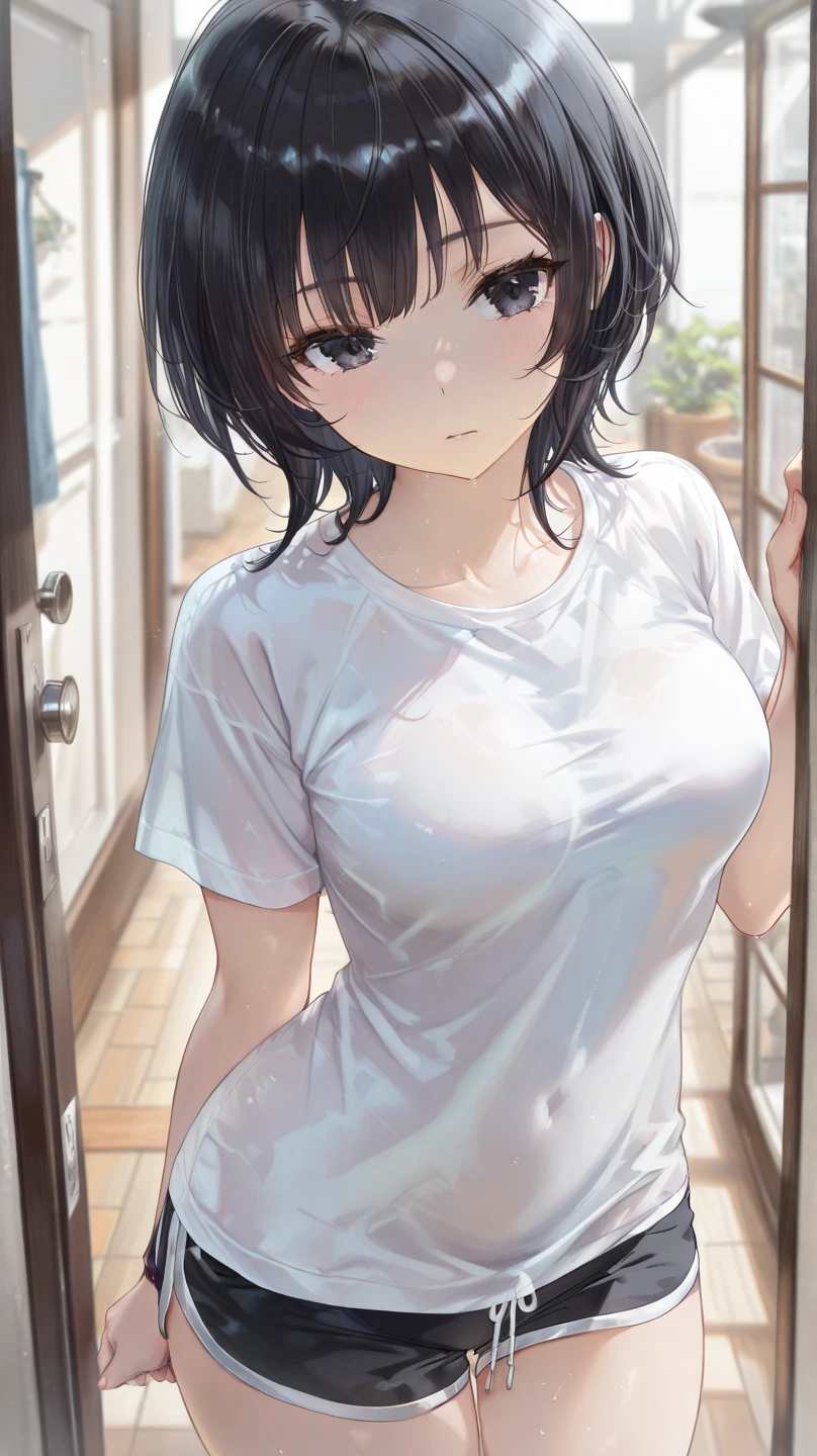 masterpiece、Highest quality、Ultra-high resolution、Medium breasted girl、Thick thighs、red and large eyes,、Black short hair、The hair inside is colored、Excited face、Please open your mouth a little、Sensual Gravure Idol、Seductive pose、Sex-inviting pose、(Clothes:oversized white t-shirt)、Sweat all over、Opening the front door